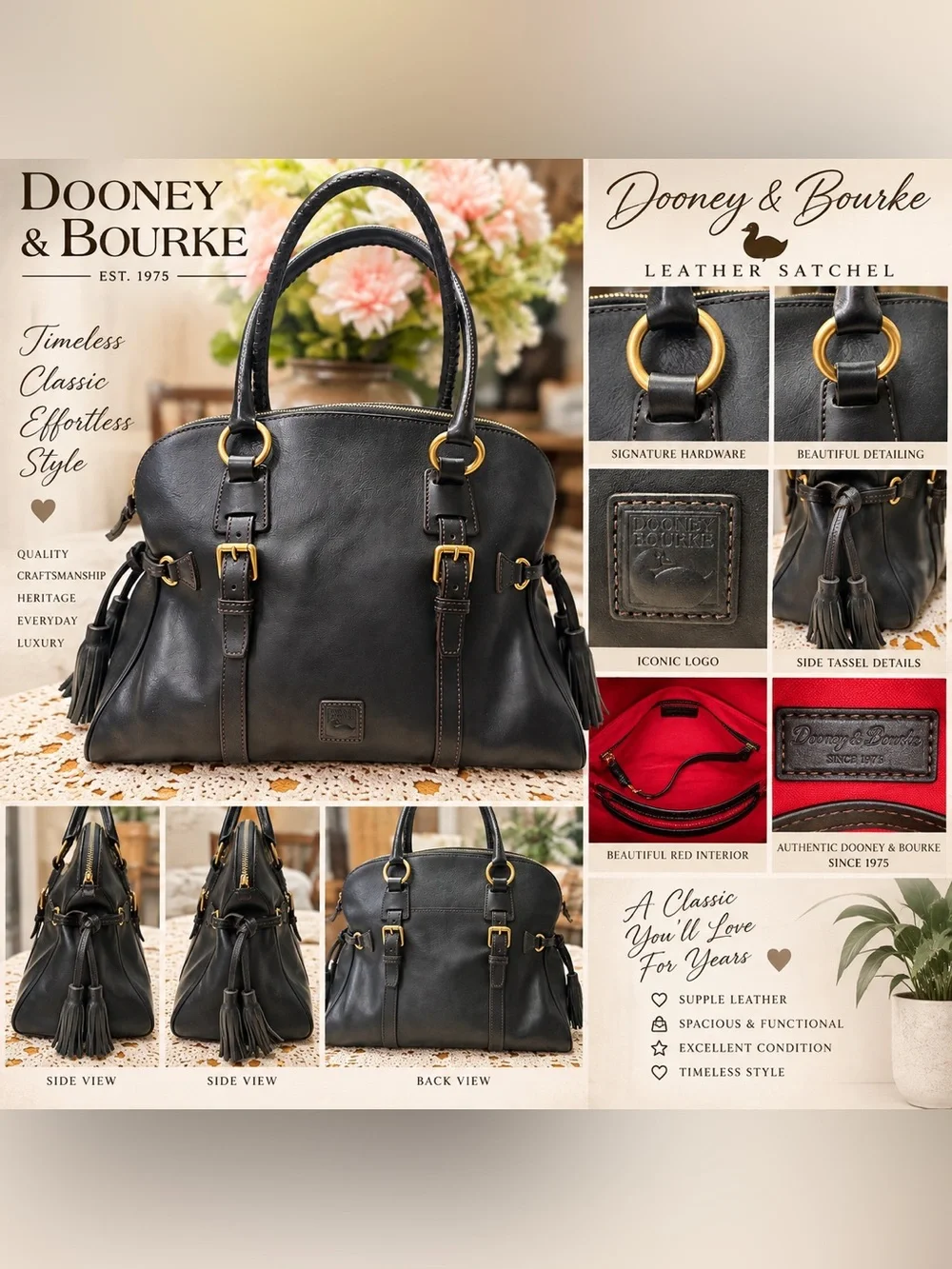 Dooney & Bourke Large Black Florentine Leather Satchel Tassel Bag Gold Hardware